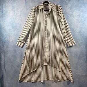 Millenium Womens White Black Striped High Low Button Down Shirt Dress Small